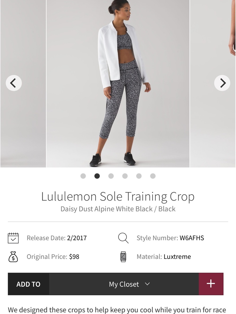 Woman’s size 6 lululemon athletica Sole Training Crop - Daisy Dust Black White